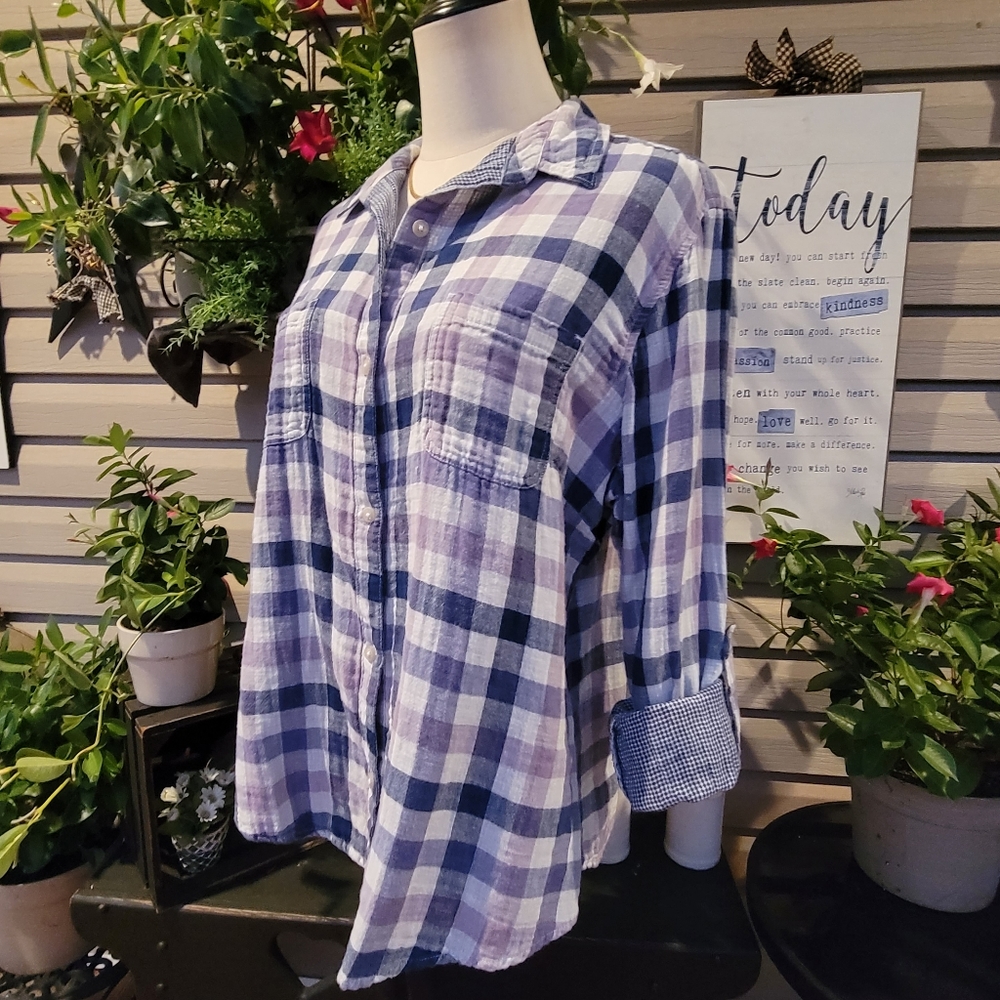 RIDERS by Lee ♡ Purple|Periwinkle|White Checked 2 Layer Adjustable Sleeve Top L